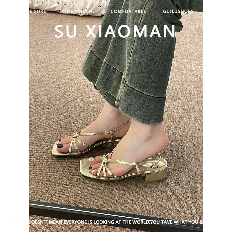 羊皮版！3cm法式小众金色露趾凉鞋仙女鞋2025春2025新款单鞋女鞋