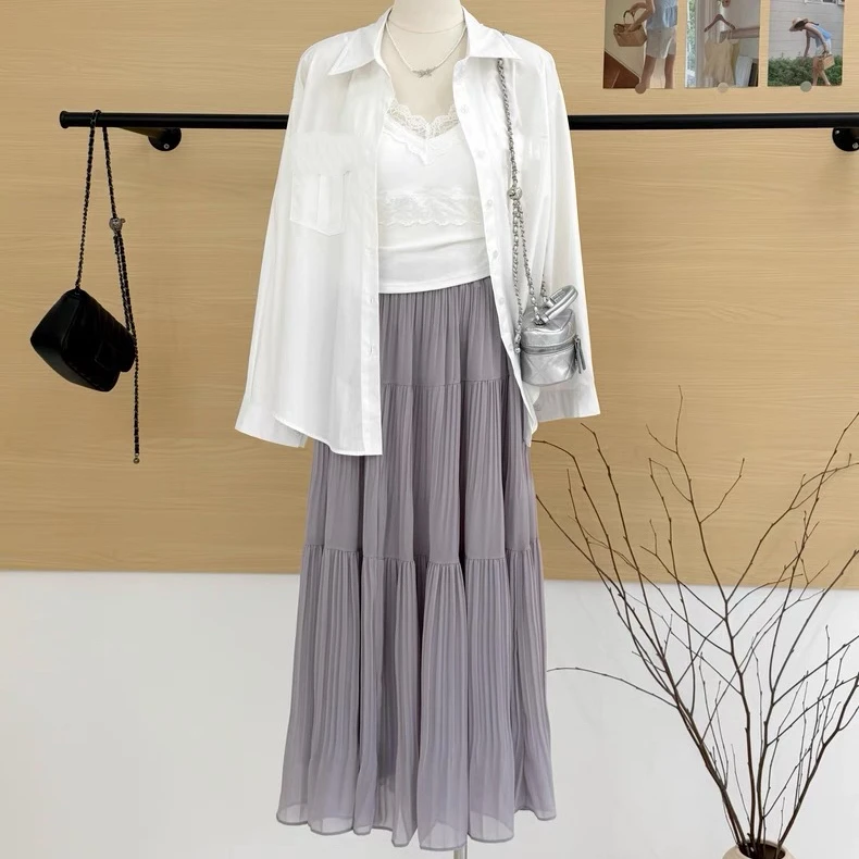 5836韩系宽松春夏季新款温柔半身裙+简约风衬衫＋蕾丝吊带套装女