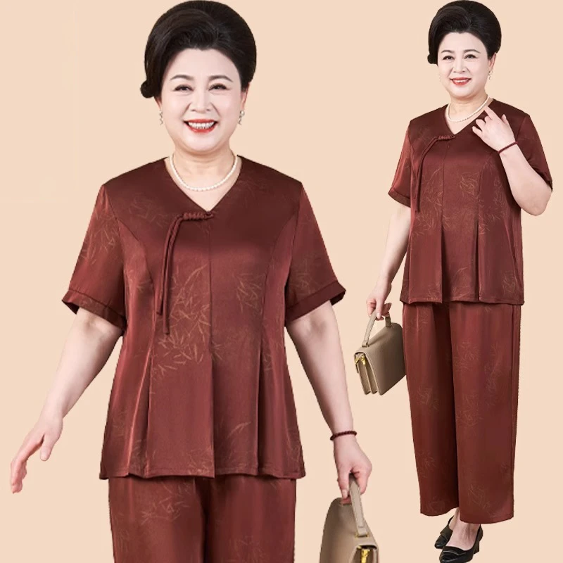 200斤胖妈妈大码女装夏季套装洋气中老年女装奶奶遮肉显瘦两件套