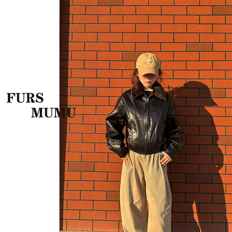 【MUMU】冬季冷翠油蜡真皮绵羊皮皮毛一体+新国标90白鹅绒服女短款