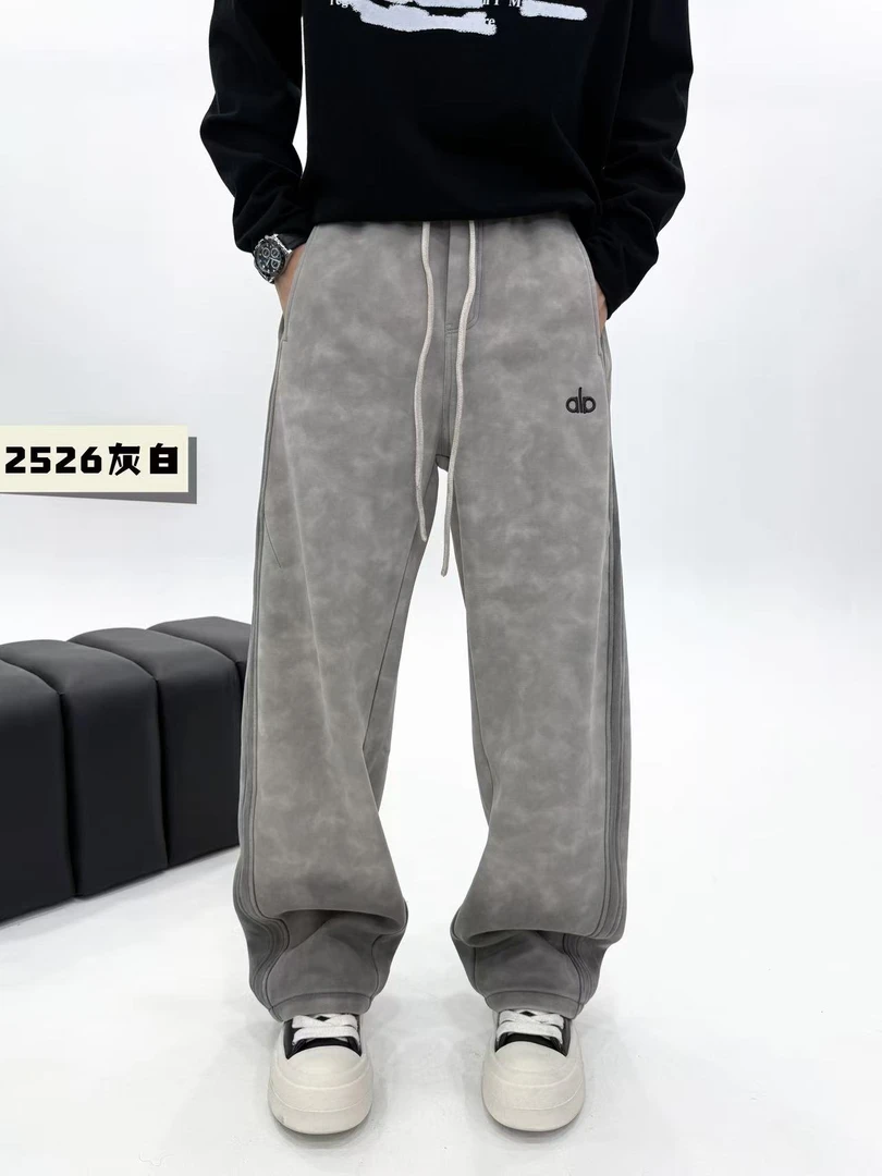 水洗长裤休闲裤刺绣拼接工艺秋冬宽松阔腿裤阔腿时尚灰白裤子2526