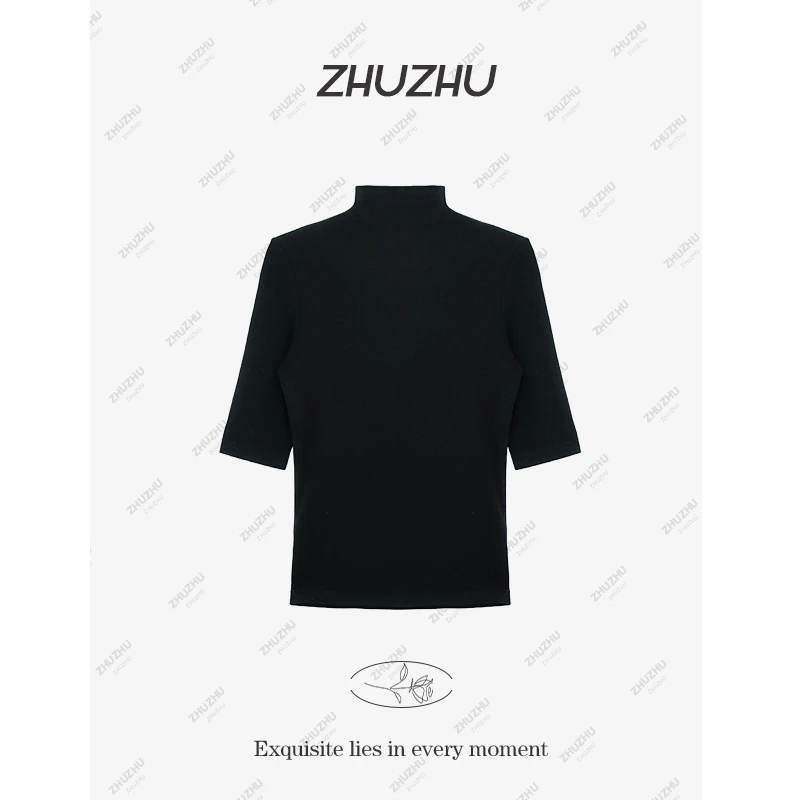 【经典纯色】春季2025新款半高领中袖T恤女设计感打底衫上衣9901