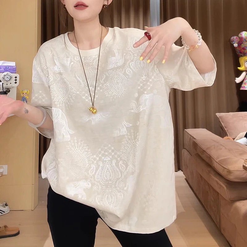松弛感国风提花短袖T恤洋气女装小众设计感时尚百搭宽松显瘦上衣