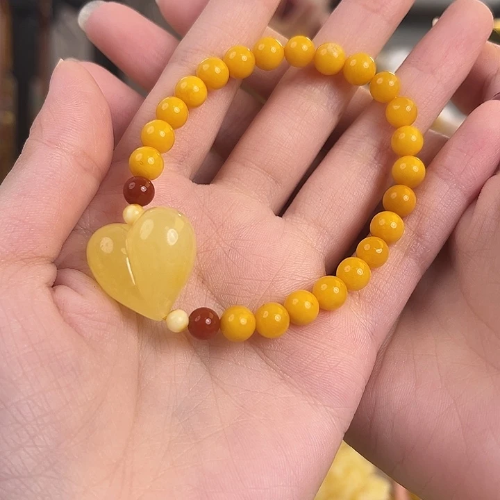 琥珀项链未镶嵌6mm鸡油黄+爱心手串