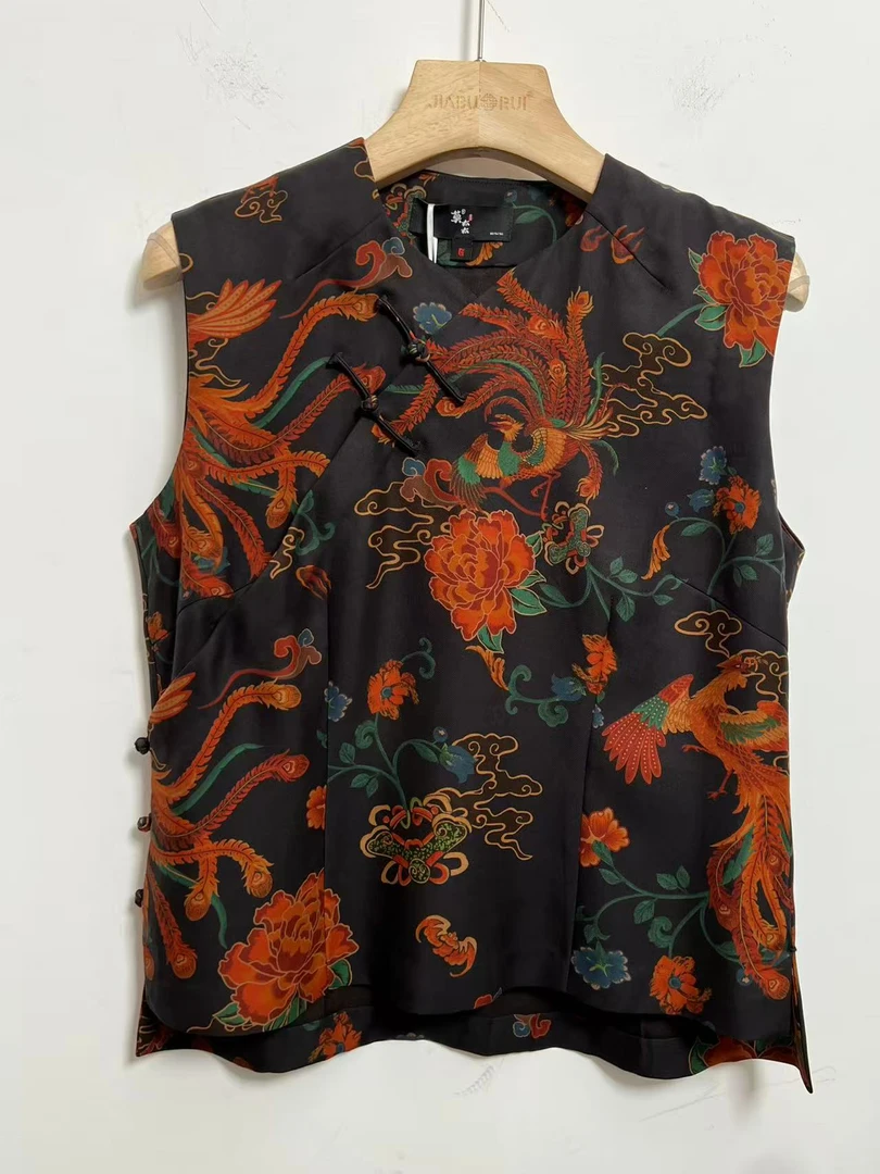 『雨桐』香云纱真丝桑蚕丝圆领中式国风斜襟休闲百搭无袖衫（25051）