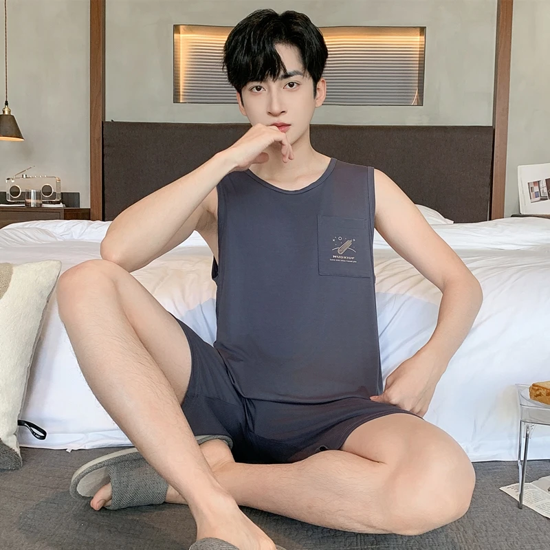 正品莫代尔男士睡衣夏季薄款冰丝无袖背心短裤青少年家居服两件套