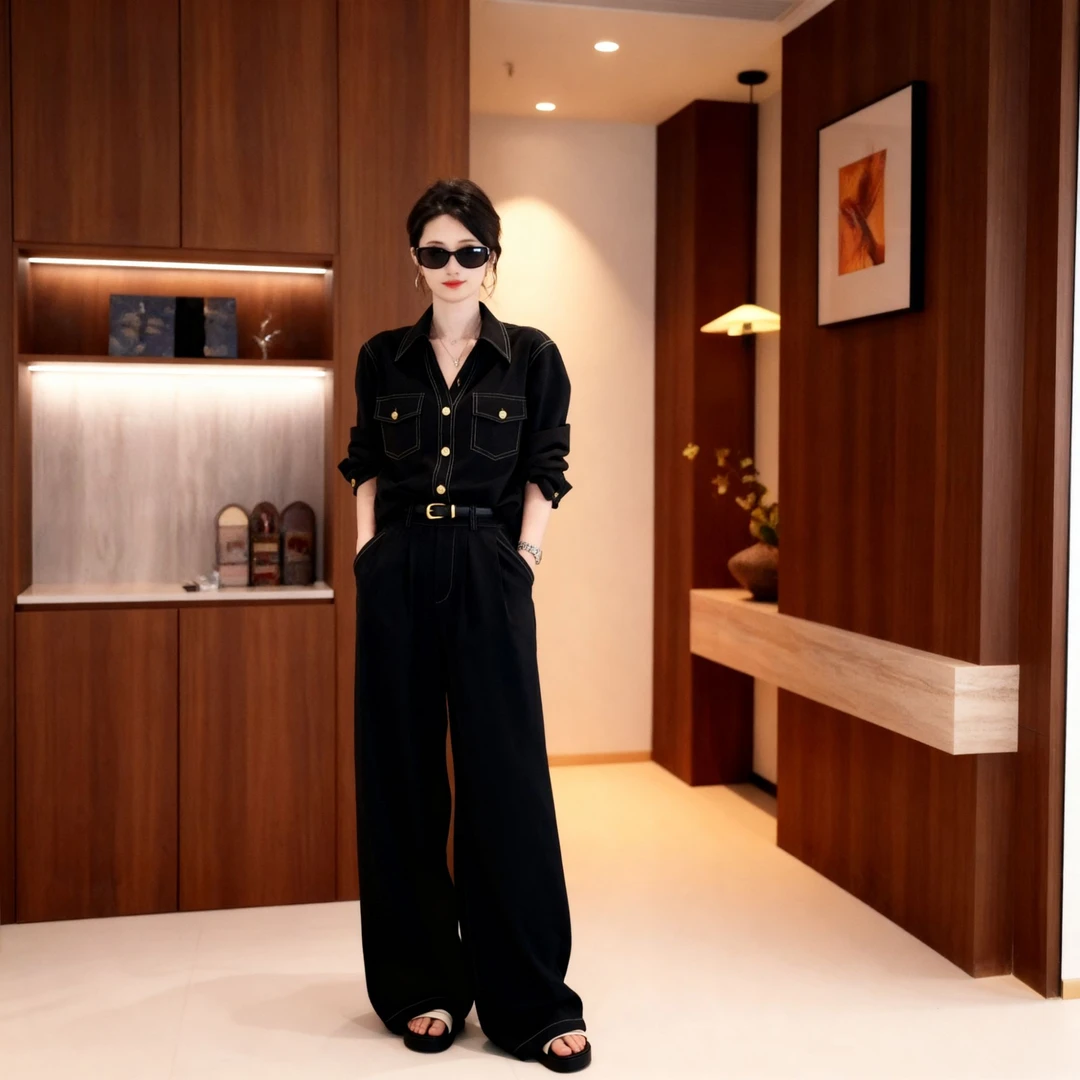 秋季复古轻奢显瘦翻领衬衫高腰阔腿裤套装西装面料套装