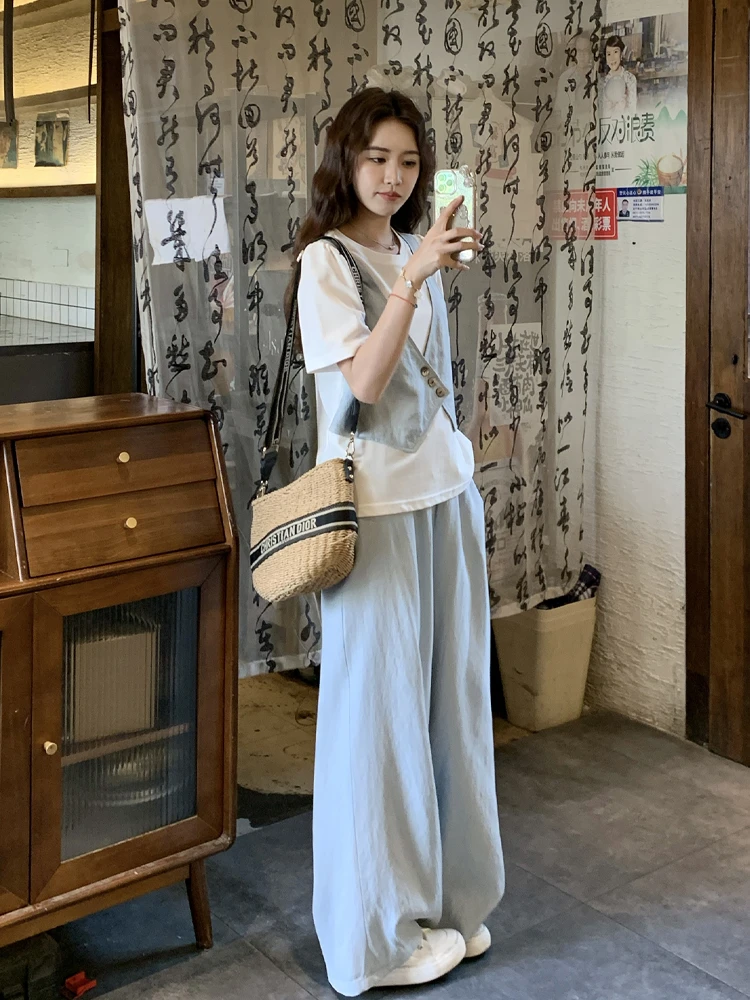 2025夏季新款松弛感穿搭一整套女韩系减龄假两件T恤上衣阔腿裤939