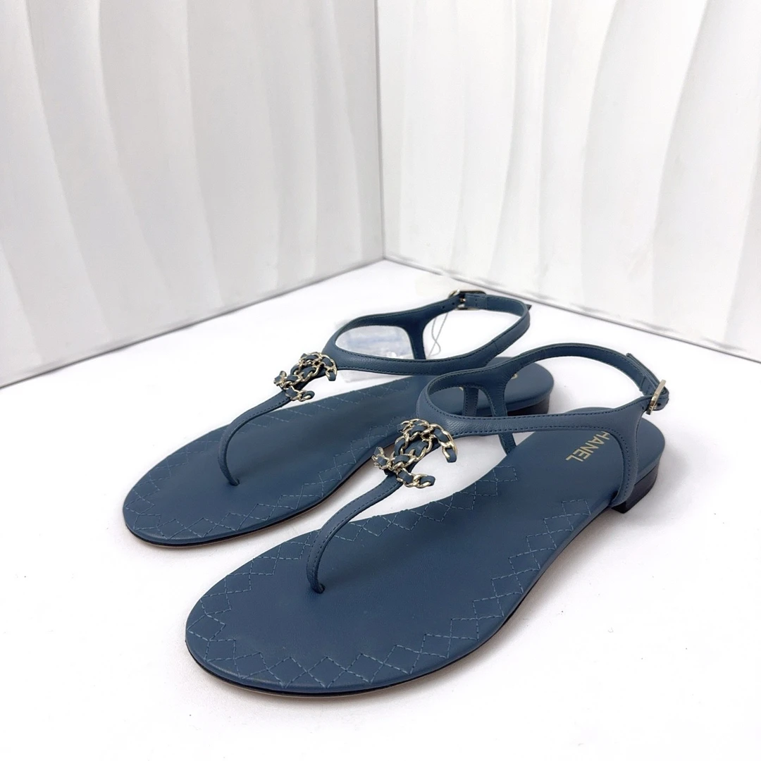 95新 Chanel/香奈儿 37.5码/孔雀蓝夹脚凉鞋