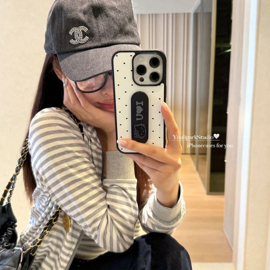 韩系波点猫咪懒人支架适用苹果16Promax手机壳15磨砂14新款13防摔