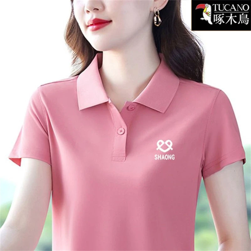 啄木鸟2025年新款洋气小众T恤中年女士夏季短袖纽扣翻领印花上衣