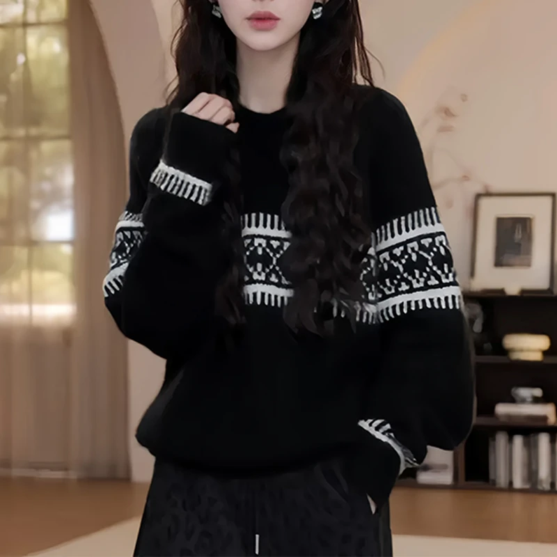 复古港风拼色设计感长袖针织衫女2026冬季新款氛围感甜美显瘦衣服