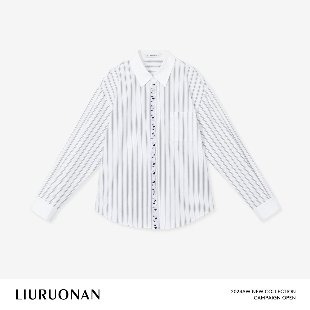 LIURUONAN 24AW 【条纹钉珠衬衫】气质白色极简竖条纹polo领衬衫