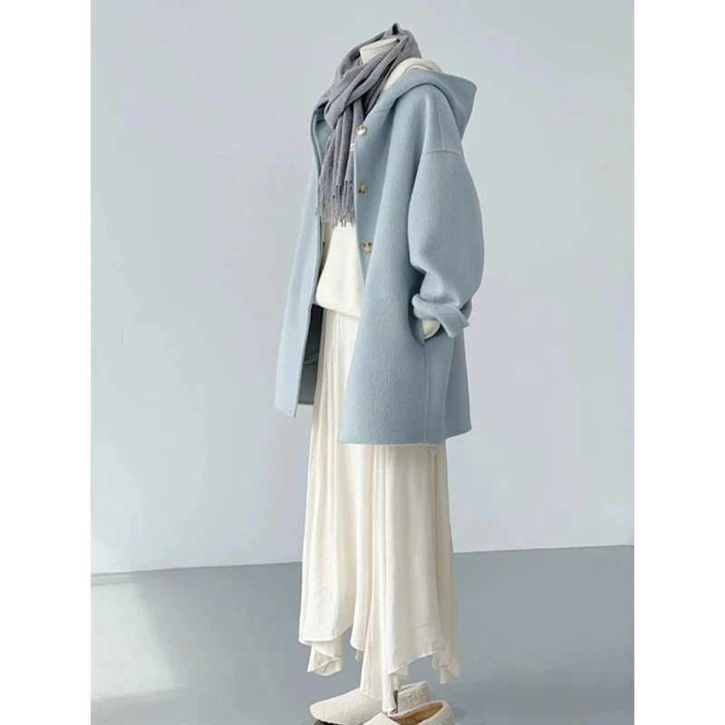 QDA002050高级感中长款连帽毛呢外套女秋冬加厚双面呢子大衣上衣