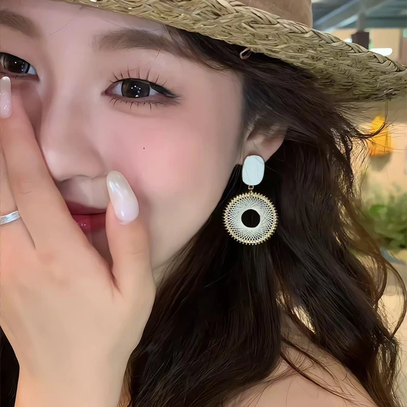 铜合金耳饰 金色编织圆环耳坠 白色椭圆坠几何耳环新款耳饰