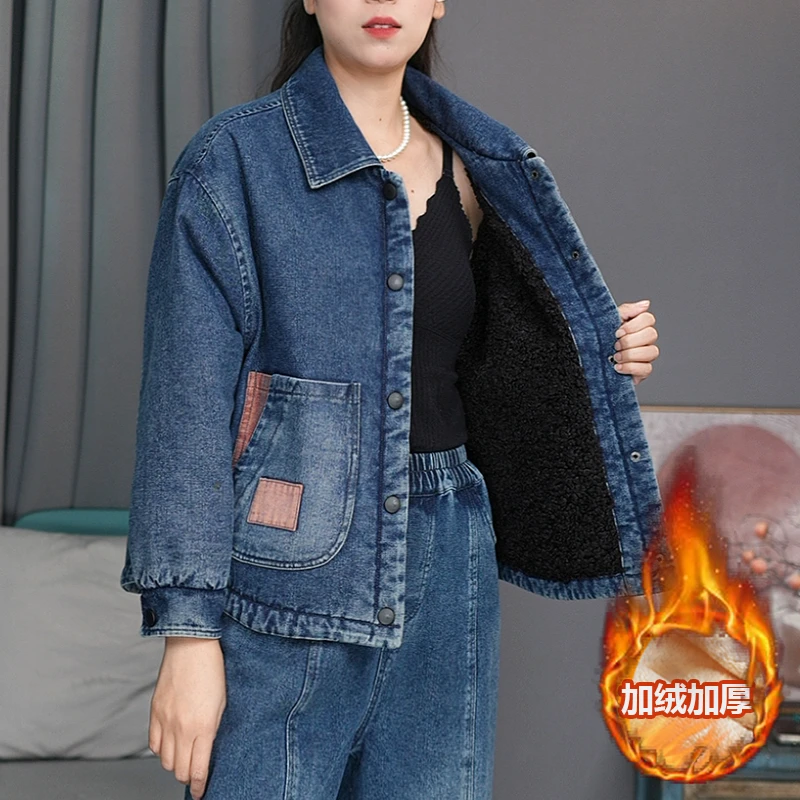 8949蓝牛仔棉衣加绒加厚冬季新款棉服外套宽松时尚洋气