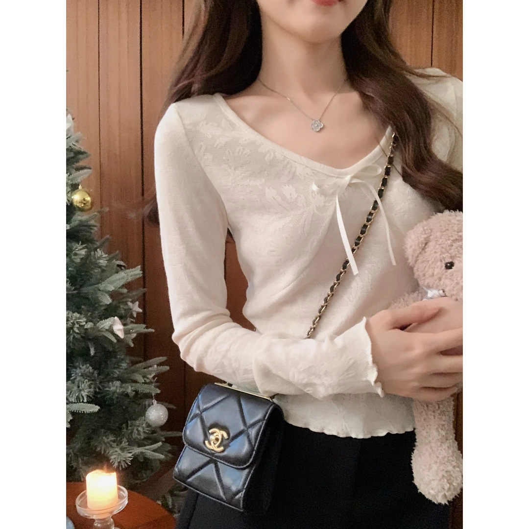【年末青仓】安璃 小蝴蝶结暗纹蕾丝上衣 96532