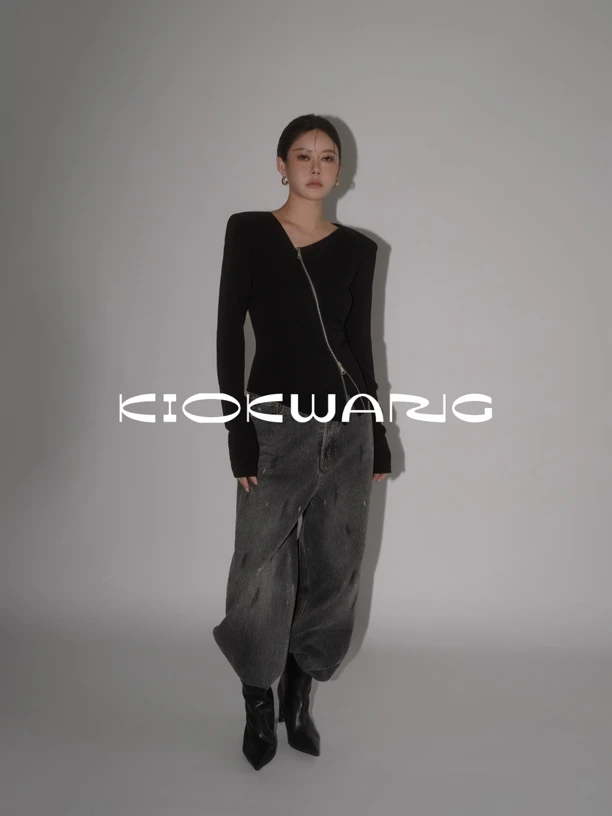 KIOKWANG//KKwang爆款 时尚斜拉链设计款修身显型长袖T恤上衣新款