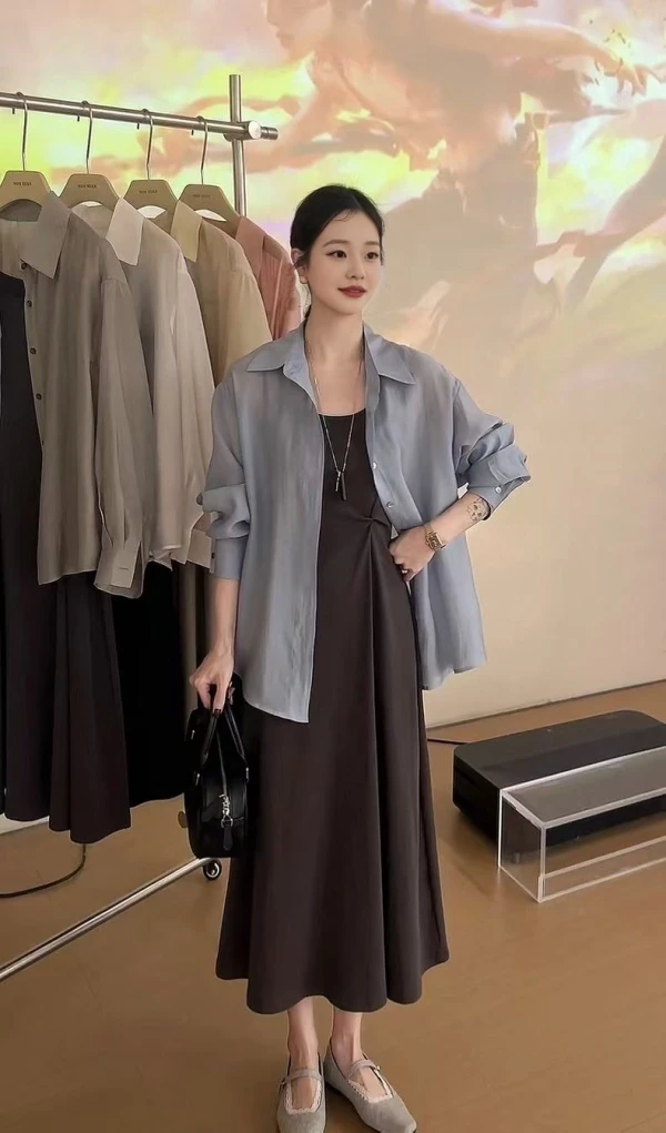 网红穿搭防晒衬衫配吊带连衣裙时尚两件套夏季休闲显瘦百搭套装