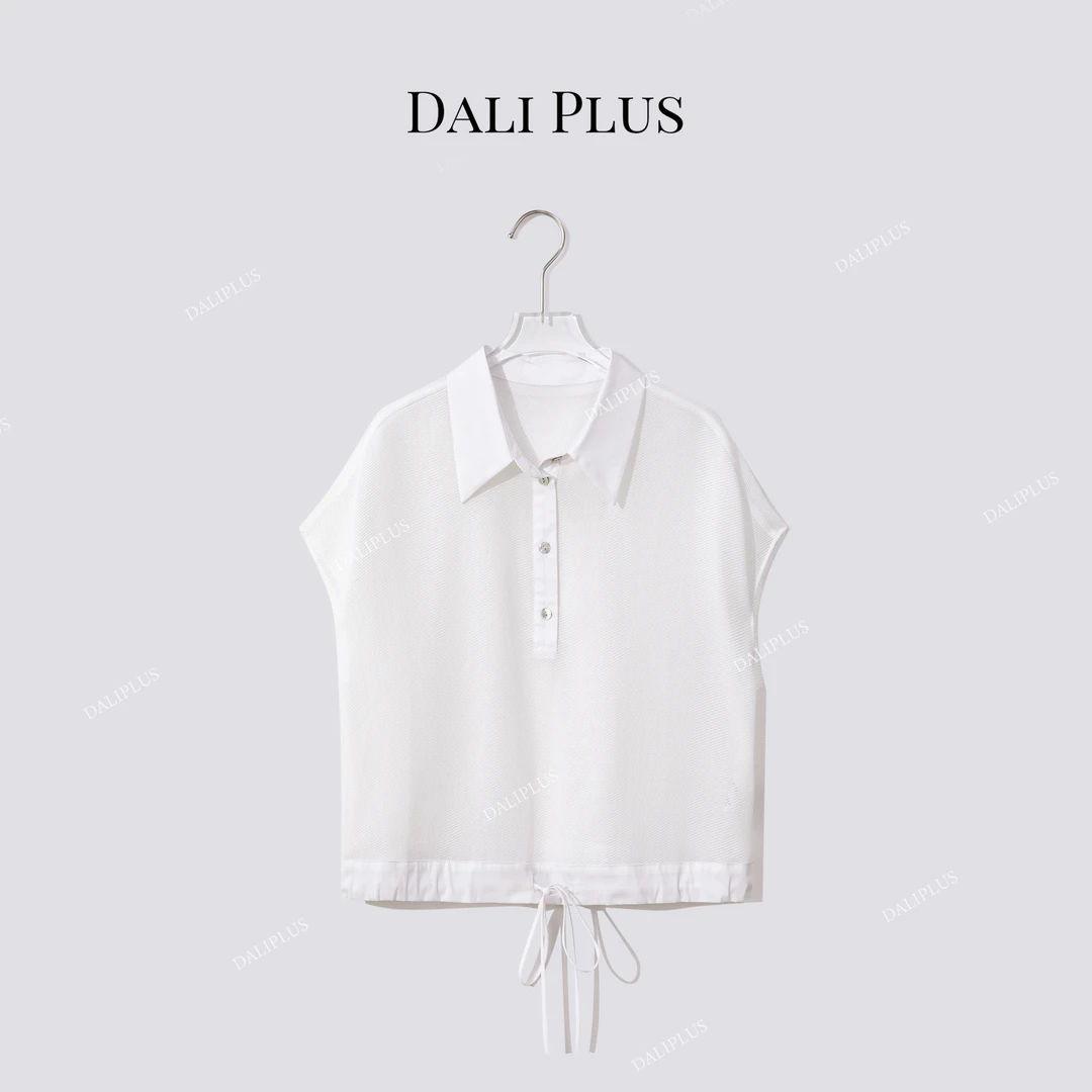DALI PLUS“白色POLO领针织T”下摆收绳上衣-D5CH4322