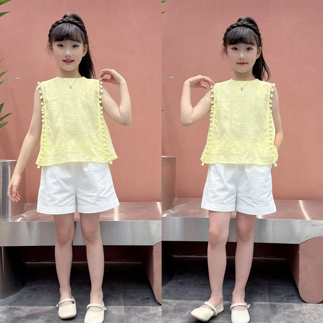 女童夏季2025新款镂空宽松棉布无袖上衣短裤时尚套装