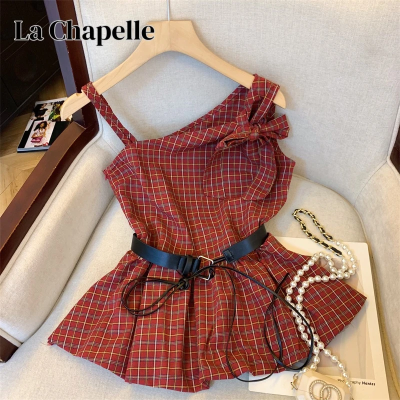 拉夏贝尔夏季设计感不对称绑带露肩格子背心吊带配腰带小衫上衣潮
