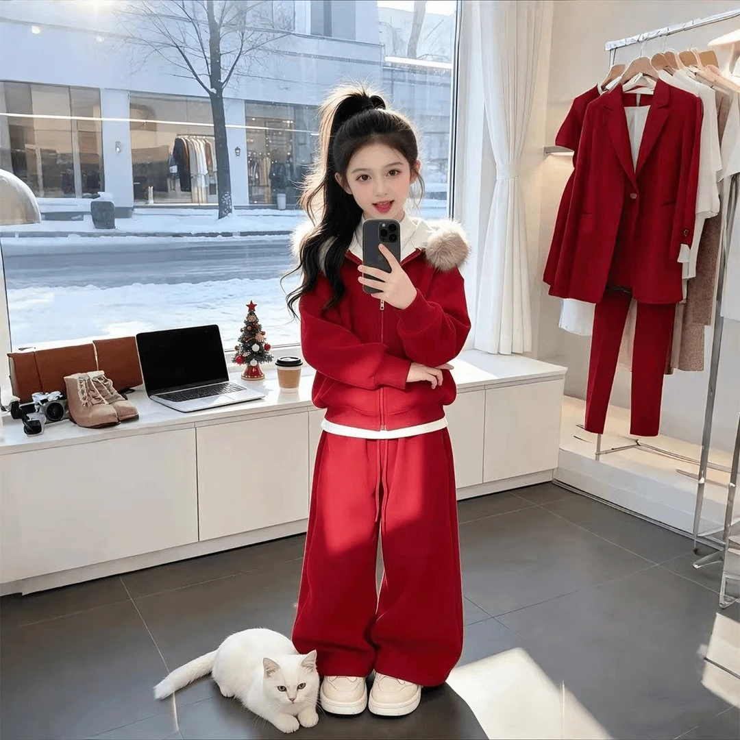 女童秋冬拜年服套装2026新款大童保暖红色休闲洋气女孩加厚两件套