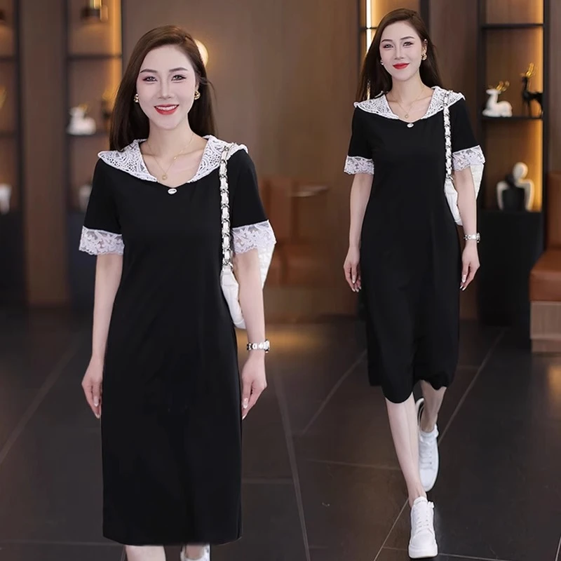 时尚蕾丝拼接连帽连衣裙女2025夏季新款休闲遮肉减龄显瘦中长裙子