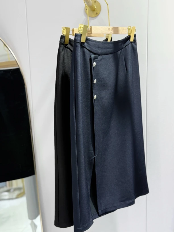 5293高腰开叉半身裙黑色显瘦气质通勤中长款职业裙子