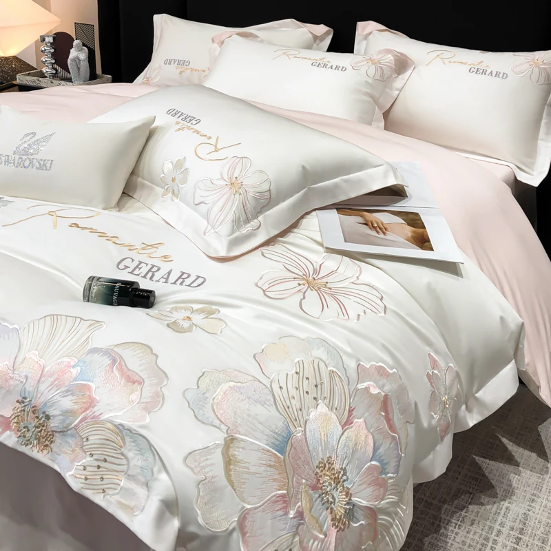 轻奢风A类200支长绒棉四件套高级感全棉裸睡床单花卉被套纯棉床品