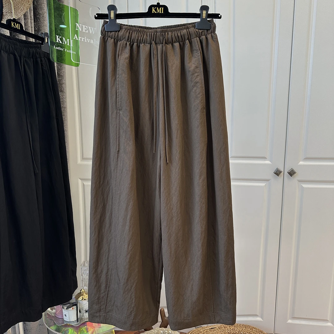 早秋新款极简风休闲裤女百搭通勤宽松高腰褶皱抽绳松紧腰直筒裤子