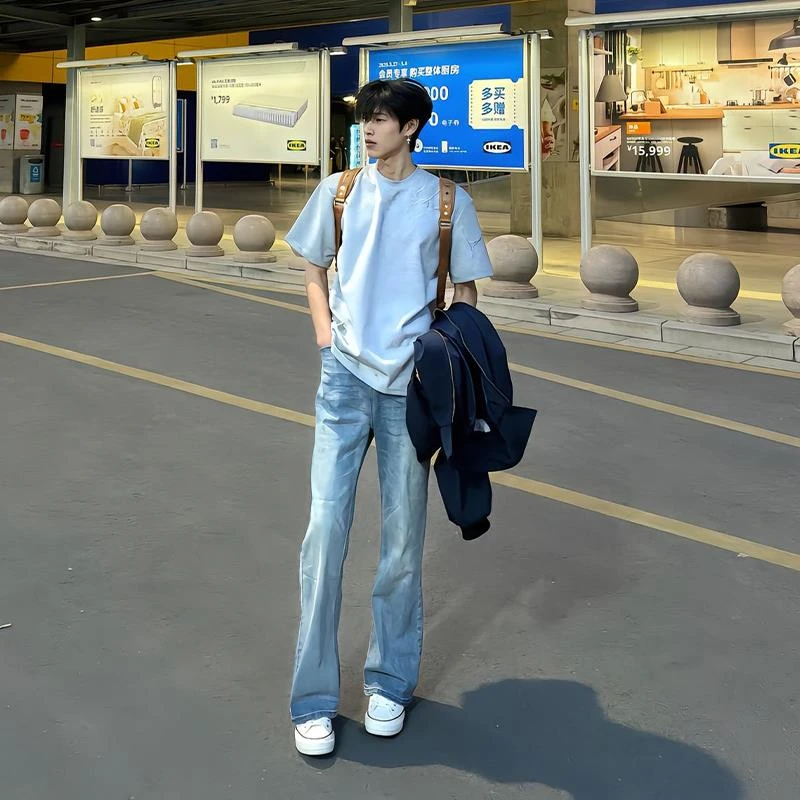 pansk冰蓝闪电纹水洗牛仔裤男款美式高街vibe裤子cleanfit微喇裤