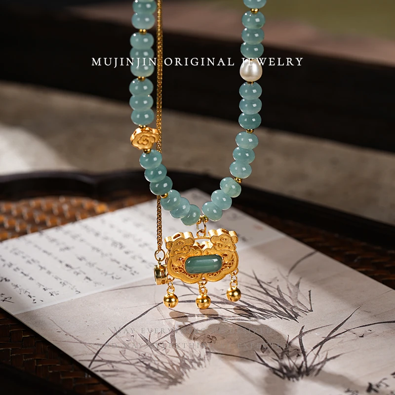 【木槿槿】天然翡翠吊坠女款祥云如意锁项链时尚气质颈饰品QK2569