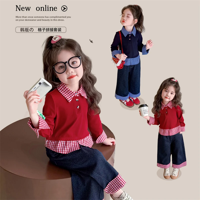 女童春秋格子拼色儿童时髦套头套装韩版翻领洋气学院风毛衣牛仔