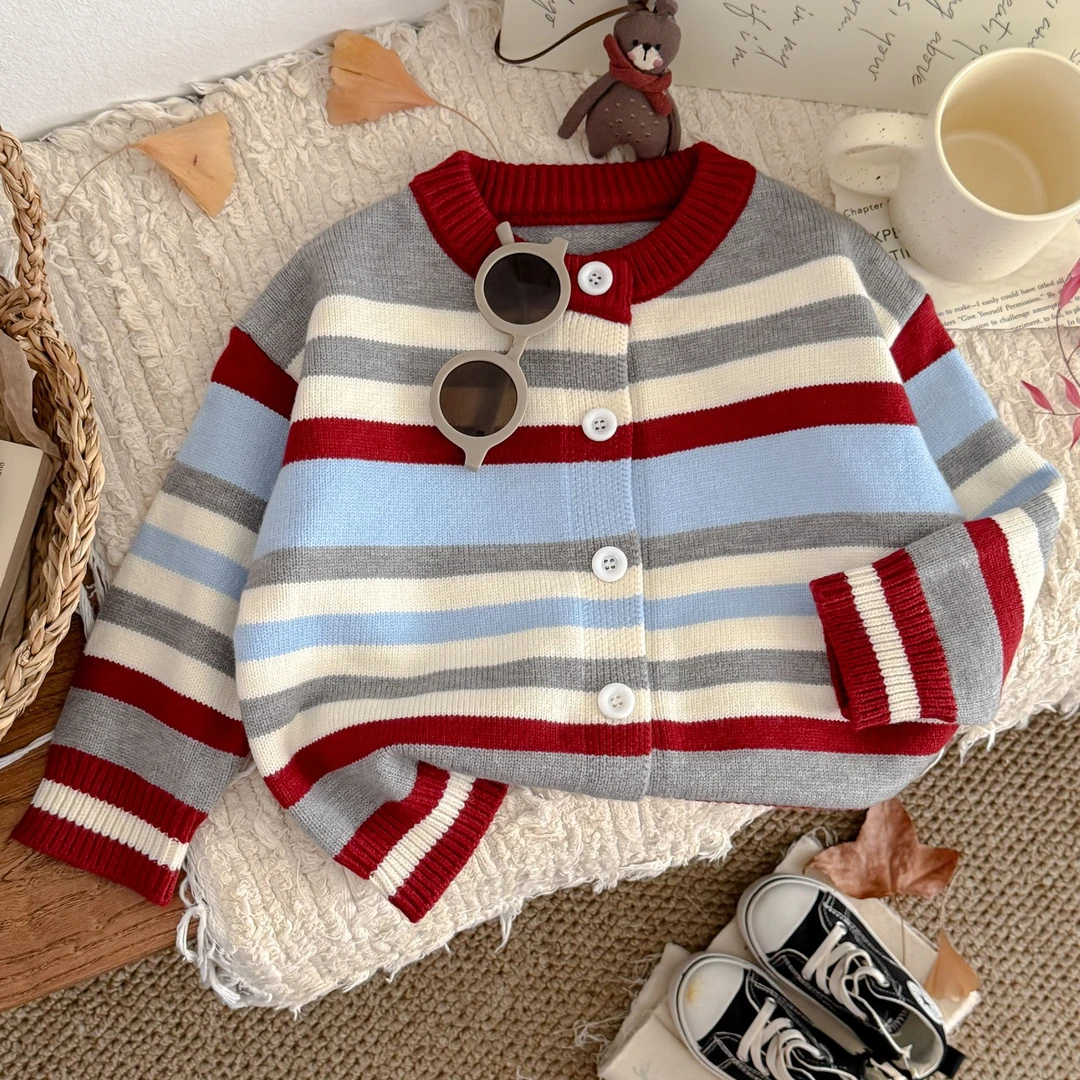 儿童秋季撞色开衫韩版彩色条纹男童针织衫外套洋气时尚毛衣