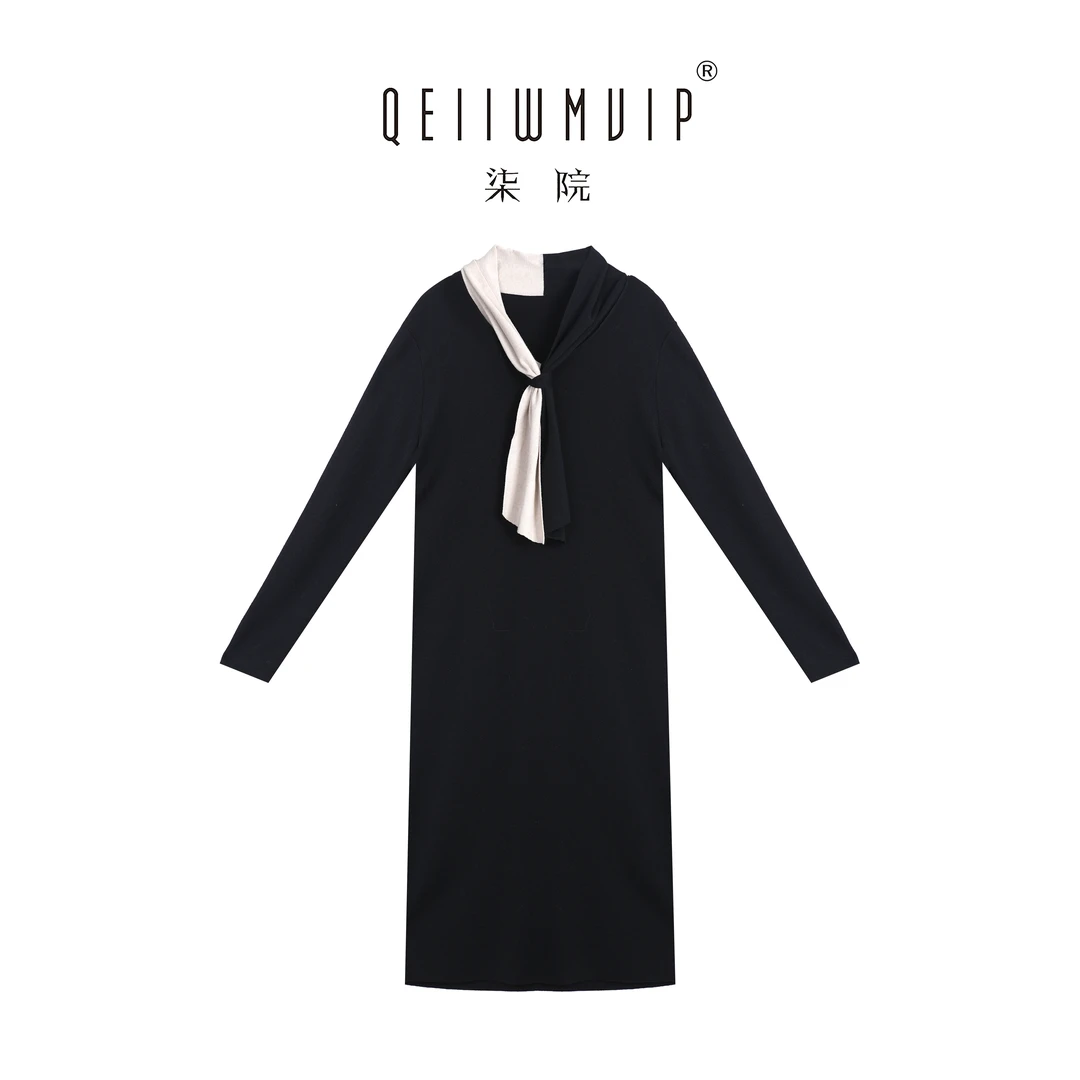 QEIIWMVIP/柒院秋季休闲时尚气质蝴蝶结系带长袖针织连衣裙7370