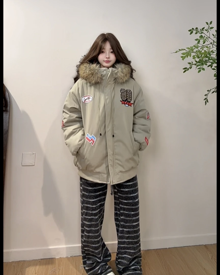 “迷雾派克”美式复古连帽加绒加厚大码棉服女刺绣派克服外套HH178