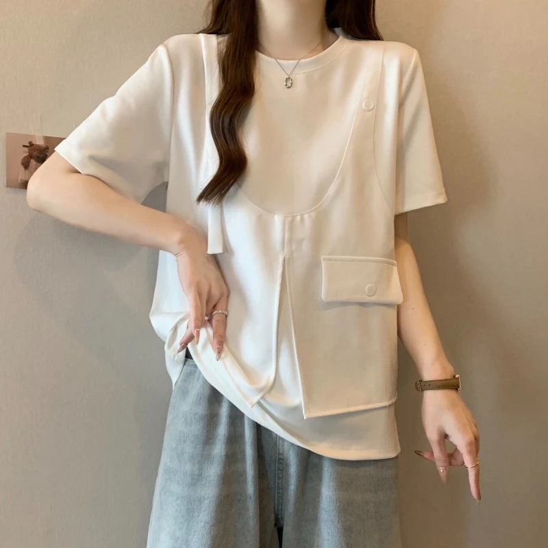 大码设计感假两件短袖T恤女夏季新款微胖MM宽松显瘦百搭洋气上衣