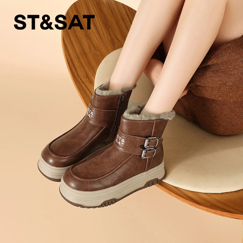 星期六双扣带中筒雪地靴2025冬季加绒拉链棉鞋显脚小爆款短靴女款