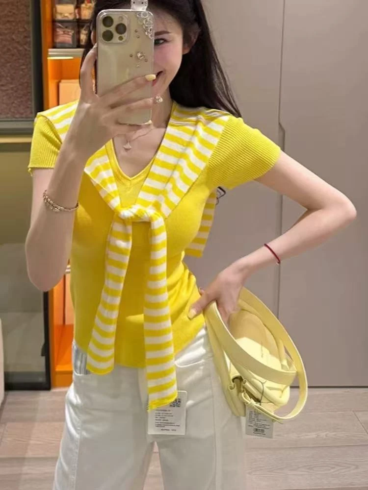M422大码韩版短袖披肩条纹夏季V领毛针织衫百搭假两件小众polo