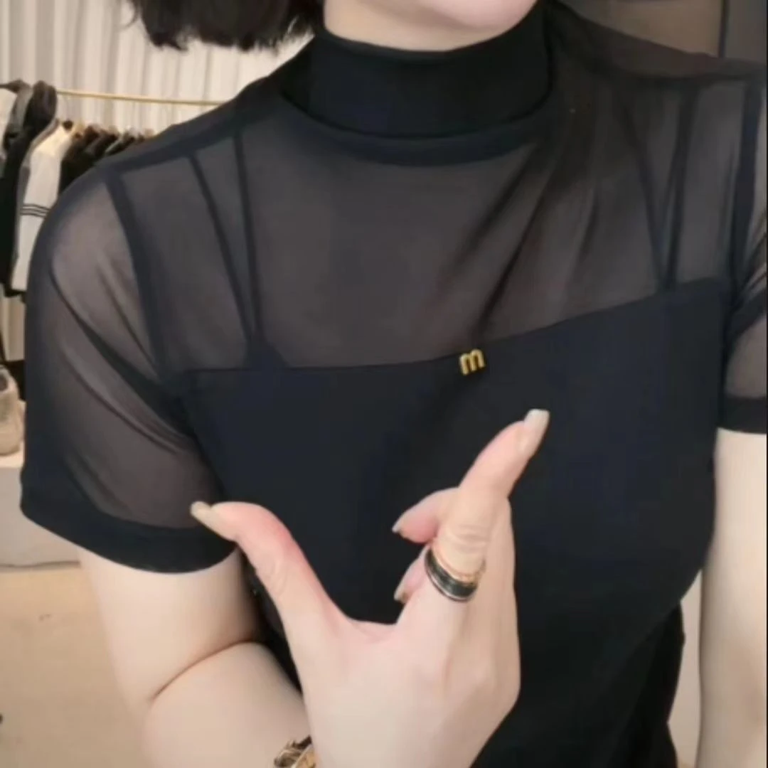 2025夏季新款百搭性感短袖t恤半高领时尚修身洋气小衫蕾丝上衣