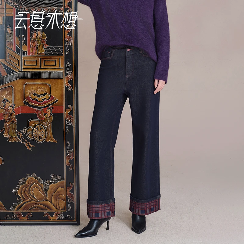 Ysimo-X云思木想 蓝染红苏 新款宽松翻折裤脚直筒牛仔裤14207