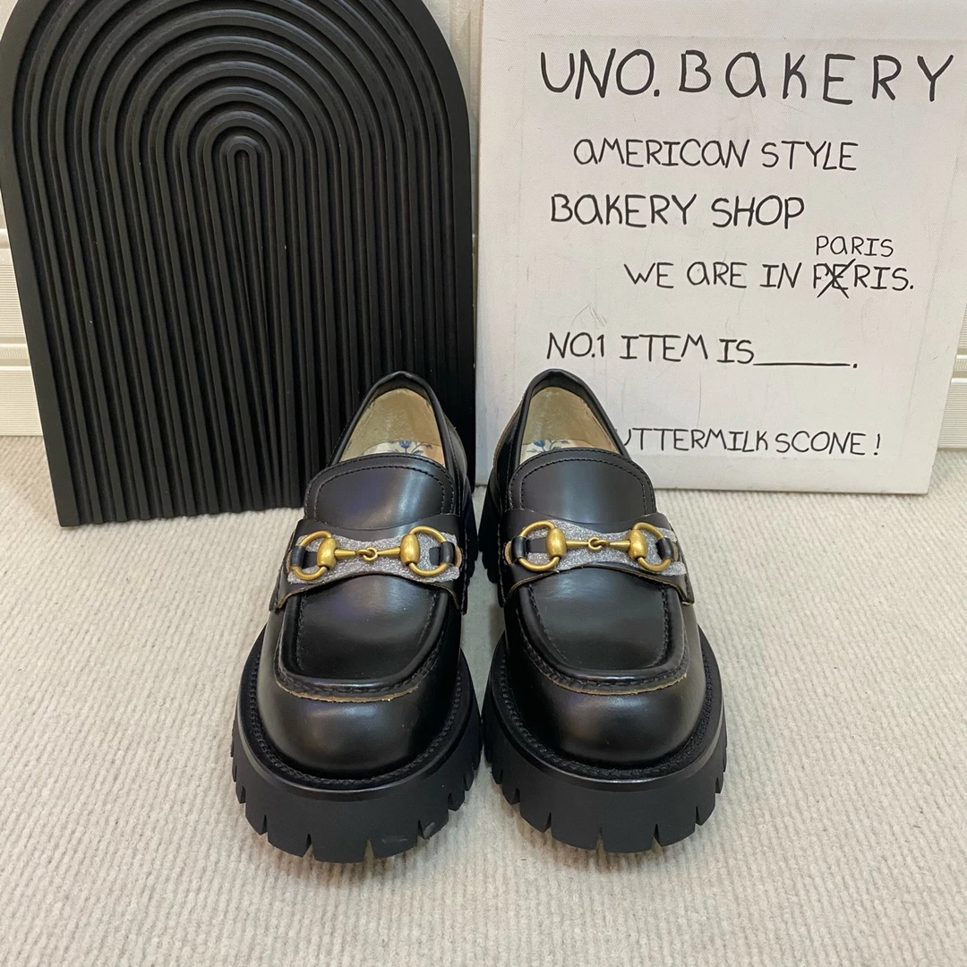 全新未使用 GUCCI/古驰 黑色马衔扣乐福鞋厚底