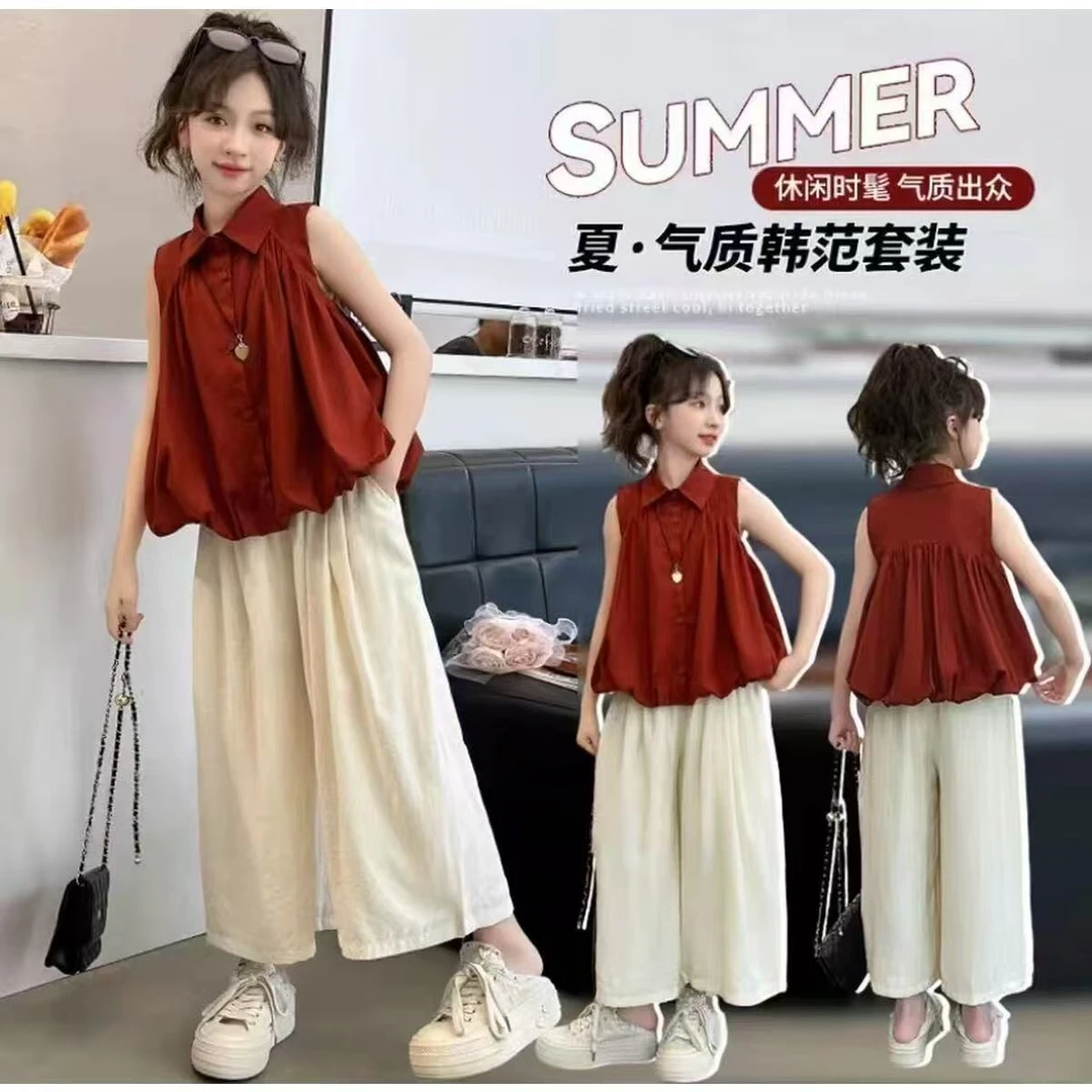 夏季女孩花苞娃娃衫套装2025新款儿童洋气时尚阔腿裤休闲两件套