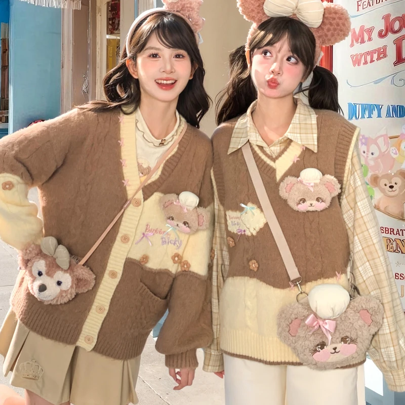 森女部落甜美风可爱小熊刺绣V领针织开衫女2025新款秋冬宽松上衣