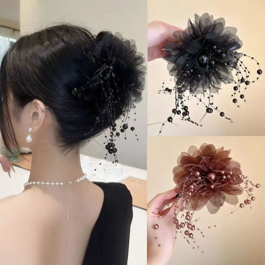 高级感牡丹花流苏抓夹发新款发夹后脑勺显发量鲨鱼夹头饰羽毛珠珠