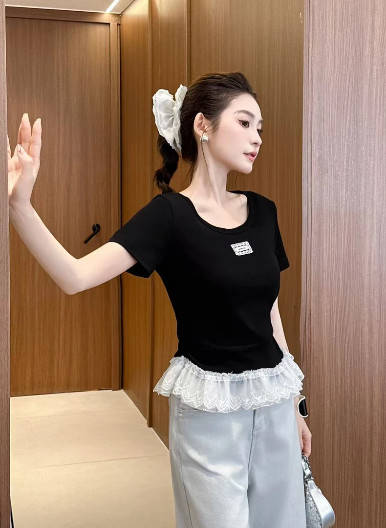 5121#衣长52芭蕾风蕾丝边拼接正肩短袖t恤女夏季新款修身别致上衣