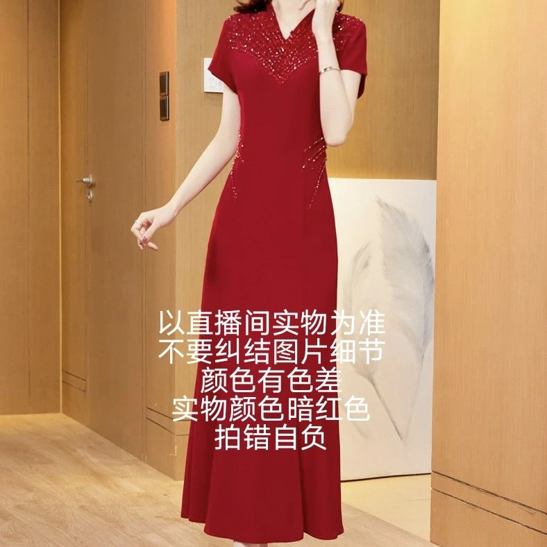 反季清仓年轻妈妈婚礼长款醋酸麻旗袍连衣裙喜婆婆装晚宴礼服高贵