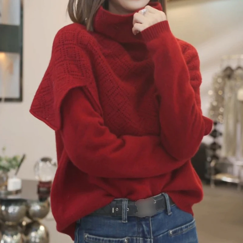 2025冬季新款纯色圆领针织毛衣两件套装女韩系气质休闲百搭上衣潮