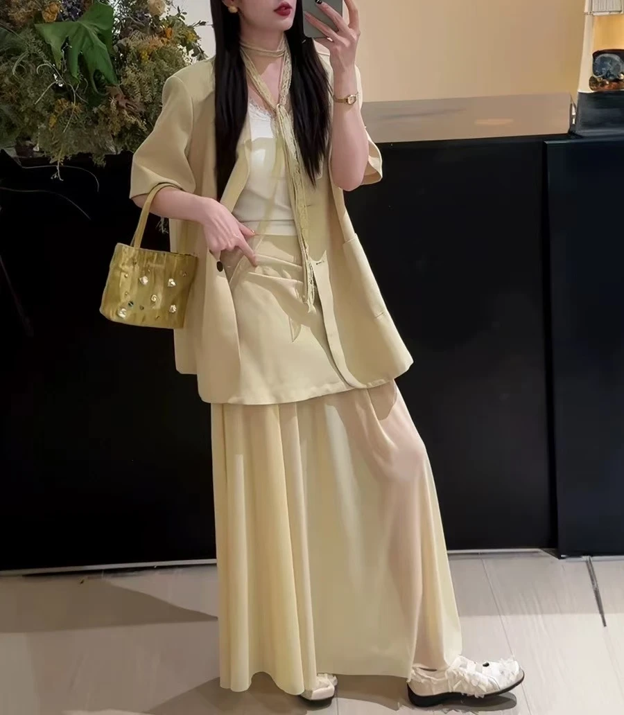 高品质气质短袖西装外套女＋网纱拼接半身裙两件套韩版套装配飘带